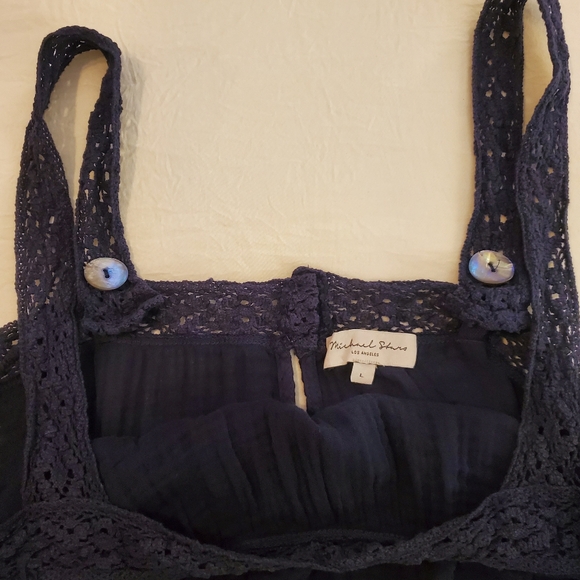 MICHAEL STARS Jodi Navy Blue Gauzy Cotton Cinch Waist Crochet Detail Jumpsuit L - Picture 10 of 12